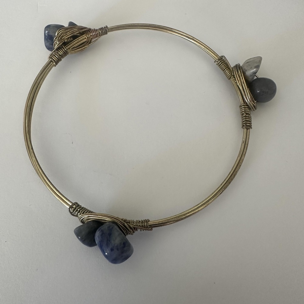 Gold Tone Blue Gemstone Bangle Bracelet Womens 8 Inch Wire Wrap Boho Statement